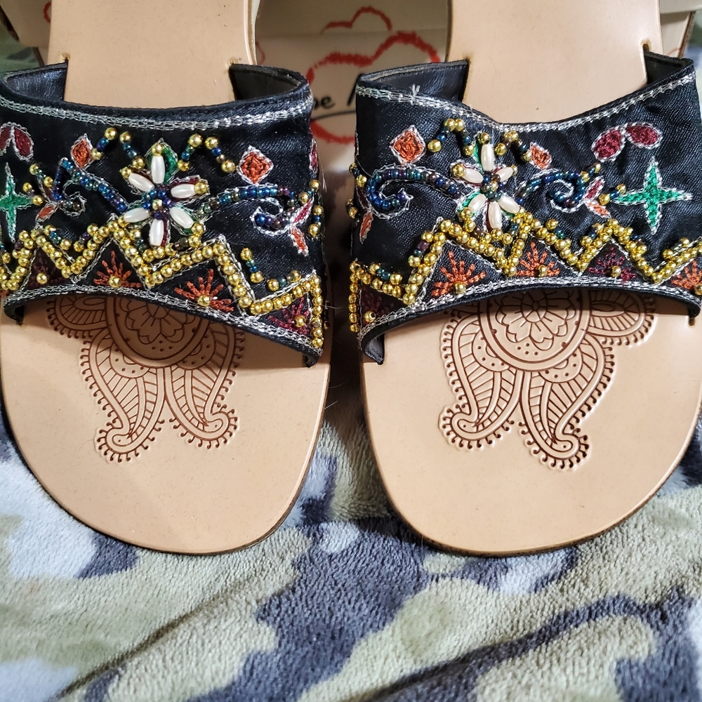 Anne Michelle Black Beaded Sandals Size 8
